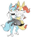  2019 ambiguous_gender anthro black_fur blue_fur blush box_(hajimeyou654) braixen butt canid canine carrying digital_media_(artwork) duo fur hi_res inner_ear_fluff looking_at_viewer mammal nintendo pok&eacute;mon pok&eacute;mon_(species) red_eyes red_fur simple_background smile stick thick_thighs unknown_character video_games white_background white_fur yellow_eyes yellow_fur 