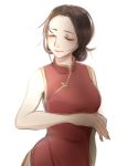  1girl breasts brown_hair china_dress chinese_clothes closed_eyes devotion dress facing_viewer gong_lifang hair_up hairband highres page_white red_dress sleeveless sleeveless_dress small_breasts smile solo upper_body white_hairband 