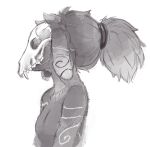  2019 absurd_res anthro biped bovid breasts caprine digital_media_(artwork) featureless_breasts floppy_ears hair hi_res lamb_(lol) league_of_legends long_ears long_hair mammal mask monochrome napalm_express ponytail portrait riot_games side_view simple_background skull_mask small_breasts solo video_games white_background 