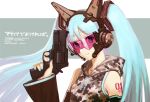  1girl aqua_hair aqua_nails camouflage cat_ear_headphones commentary detached_sleeves english_text flat_chest gun handgun hatsune_miku headphones headset highres holding holding_gun holding_weapon hood hood_down long_hair looking_at_viewer mateba_autorevolver nail_polish pink-tinted_eyewear shoulder_tattoo solo tattoo trigger_discipline twintails very_long_hair visor vocaloid weapon wide_sleeves yoshimura_ken&#039;ichirou 