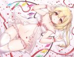  1girl artist_name ass_visible_through_thighs babydoll bangs bed_sheet blonde_hair bow bow_panties braid breasts choker cleavage collarbone commentary_request cowboy_shot crystal eyebrows_visible_through_hair flandre_scarlet frilled_panties frills groin hair_between_eyes hands_up haruki_(colorful_macaron) lace lace-trimmed_legwear long_hair looking_at_viewer lying navel no_hat no_headwear on_back one_side_up panties parted_lips petals red_bow red_choker red_eyes red_ribbon ribbon rose_petals small_breasts solo spaghetti_strap stomach strap_slip thighhighs thighs touhou twitter_username underwear underwear_only white_legwear white_panties wings wrist_cuffs 