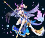  1girl apple_caramel black_hair blue_gloves breasts bubble cleavage company_name dark_background fingerless_gloves fish_tail flower full_body gloves gold_trim hair_flower hair_ornament highres holding_naginata horns kurokishi_to_shiro_no_maou large_breasts long_hair looking_at_viewer multicolored_hair official_art purple_eyes purple_hair purple_horns simple_background solo standing standing_on_one_leg tail thighhighs two-tone_hair very_long_hair 
