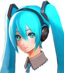  1girl aqua_eyes aqua_hair commentary_request detached_collar face hair_between_eyes hair_ornament hatsune_miku headphones light_smile long_hair looking_at_viewer multicolored multicolored_eyes necktie portrait red_eyes solo twintails very_long_hair vocaloid yoshimura_ken&#039;ichirou 