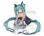 aqua_eyes aqua_hair beige_legwear beige_shirt black_skirt bodysuit cat_ear_headphones checkered checkered_floor commentary double_v fingerless_gloves frilled_skirt frills gloves hair_ornament happy_birthday hatsune_miku headphones long_hair looking_at_viewer looking_up nagu odds_&amp;_ends_(vocaloid) outstretched_arms shadow skirt smile speaker squatting thighhighs twintails v very_long_hair vocaloid zettai_ryouiki 