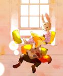  bibio canid canine disney duo female fox happy hi_res judy_hopps lagomorph leporid light male mammal nick_wilde oibib pillow rabbit smile window zootopia 