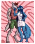  bottomwear canid canine canis clothing couple_(disambiguation) duo female hi_res looking_at_another looking_at_partner male mammal romantic shorts tattoo wolf 
