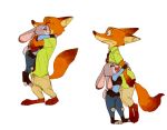  2016 3_toes anthro barefoot canid canine claws dipstick_tail disney duo eyes_closed female fox fur green_eyes hug inner_ear_fluff judy_hopps lagomorph leporid male mammal multicolored_tail multiple_positions nick_wilde oibib open_mouth open_smile rabbit simple_background smile surprise toe_claws toes white_background zootopia 