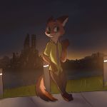  1:1 anthro building canid canine clothing dipstick_tail disney enginetrap fox gesture grass green_eyes hi_res lights male mammal multicolored_tail necktie nick_wilde night solo waving zootopia 