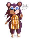  2016 animal_crossing apron apron_only blush clothing eulipotyphlan eyes_closed female fur hedgehog labelle_able mammal mostly_nude nintendo open_mouth purple_fur simple_background smile solo standing text unknown_artist video_games white_background 