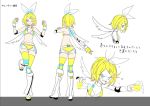  1girl blonde_hair blue_eyes boots bow bra character_sheet elbow_pads gloves hair_bow hair_ornament hairclip kagamine_rin knee_pads manbou_no_ane panties ring_no_seraph_(vocaloid) short_hair simple_background standing standing_on_one_leg translated two-tone_legwear underwear vocaloid white_background white_legwear wrestling_outfit yellow_gloves yellow_panties 