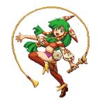  1girl breasts brown_footwear feena_(grandia) grandia green_eyes green_hair hair_ornament hair_tubes holding_whip jewelry long_hair looking_at_viewer low-tied_long_hair midriff navel open_mouth pixel_art pixelflag red_legwear ribbon-trimmed_sleeves ribbon_trim simple_background smile solo thighhighs whip white_background wide_sleeves 