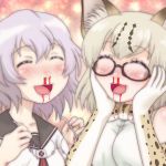  2girls animal_ears blonde_hair blood blood_in_mouth blush bow bowtie cat_ears closed_eyes crossover eyewear_removed female_pervert glasses grey_hair ikeda_chitose kemono_friends margay_(kemono_friends) multiple_girls nosebleed open_mouth pervert school_uniform short_hair simple_background t_jiroo_(ringofriend) trait_connection yuru_yuri 