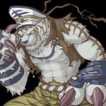  1:1 5_fingers abs anthro biped blue_nose byakkov clothing felid fingers fur hat headgear headwear low_res male mammal muscular muscular_male nagao oumagadoki_zoo pantherine solo striped_fur stripes tiger white_fur 