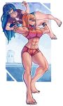  abs bike_shorts blonde_hair blue_eyes blue_hair blush bra highres lifting_person long_hair lucina_(fire_emblem) metroid mogy64 mole multiple_girls muscle navel nintendo open_mouth ponytail samus_aran sandbag_(smash_bros) smile super_smash_bros. toned training_bra underwear 