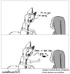  aureldrawsstuff black_and_white canid canine clothing comic dialogue disney english_text female fox hi_res judy_hopps lagomorph leporid male mammal monochrome nick_wilde rabbit text zootopia 