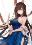  1girl bare_shoulders bison_cangshu blue_dress blush breasts brown_eyes brown_hair champagne_flute collarbone commentary_request cowboy_shot cup dress drink drinking_glass hair_between_eyes hermes_(warship_girls_r) highres holding holding_cup large_breasts long_hair looking_at_viewer shawl side_slit sidelocks smile solo standing very_long_hair warship_girls_r 