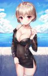  1girl ahoge anklet bare_shoulders bikini_top black_bikini_top black_jacket black_skirt blue_sky breasts brown_hair choker cleavage closed_mouth cloud cloudy_sky collarbone covered_navel cowboy_shot day hand_up hinaki_(hinaki_0102) horizon jacket jewelry large_breasts leather leather_jacket long_sleeves miniskirt ocean off_shoulder open_clothes open_jacket original outdoors pencil_skirt red_eyes short_hair side_slit skirt sky solo standing strap_pull thighs water_drop 