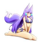  1girl absurdres afterimage animal_ear_fluff animal_ears bangs bare_arms bare_legs bare_shoulders barefoot between_legs bikini blue_bikini blush breasts cleavage closed_mouth commentary_request eyebrows_visible_through_hair fox_ears fox_girl fox_tail full_body hair_between_eyes hair_ornament hand_between_legs highres idaten93 long_hair looking_away medium_breasts navel original purple_eyes purple_hair shadow side-tie_bikini sidelocks sitting smile solo swimsuit tail tail_wagging till_(idaten93) very_long_hair wariza white_background 