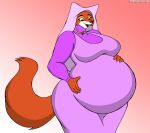 belly big_belly big_breasts breasts canid canine cjshadorunner clothing disney female fox fur maid_marian mammal orange_fur overweight overweight_female robin_hood_(disney) simple_background smile solo 