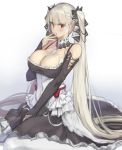  1girl :o absurdly_long_hair azur_lane blush breasts cleavage collar collarbone commentary_request corset dress formidable_(azur_lane) frills hair_ribbon hand_on_own_cheek highres kirome_(kamipaper) large_breasts long_hair looking_at_viewer open_mouth platinum_blonde_hair red_eyes ribbon seiza sitting sketch solo twintails two-tone_ribbon very_long_hair 
