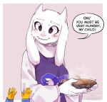  boss_monster bovid breasts caprine clothing delta_rune_(emblem) dialogue disembodied_hand duo english_text female food fur horn human long_ears lunnar-chan mammal pie protagonist_(undertale) simple_background symbol text toriel undertale video_games 