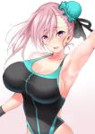  1girl arm_up armpits asymmetrical_hair bangs bare_shoulders black_ribbon black_swimsuit blue_swimsuit blush breasts bun_cover cleavage collarbone covered_navel fate/grand_order fate_(series) gradient gradient_background hair_bun hair_ribbon highleg highleg_swimsuit highres large_breasts long_hair looking_at_viewer miyamoto_musashi_(fate/grand_order) miyamoto_musashi_(swimsuit_berserker)_(fate) one-piece_swimsuit open_mouth pink_hair ribbon sankakusui shiny shiny_hair smile solo swept_bangs swimsuit two-tone_swimsuit wristband 