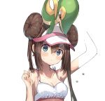  1girl bare_shoulders bikini blue_eyes blush breasts brown_hair collarbone commentary_request double_bun hair_between_eyes long_hair looking_at_viewer medium_breasts mei_(pokemon) pokemon pokemon_(creature) ranf simple_background sketch solo swimsuit twintails visor_cap white_background white_bikini 