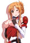  1girl ;p airando armpit_crease asuna_(sao) bangs belt belt_pouch black_gloves blush braid breasts breasts_outside commentary_request covering covering_breasts elbow_gloves fingerless_gloves folded_ponytail gloves highres large_breasts long_hair long_sleeves looking_at_viewer nipple_slip nipples one_eye_closed orange_eyes pouch shoulder_armor sidelocks simple_background smile solo sword_art_online tareme tongue tongue_out upper_teeth white_background 