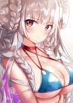  1girl alternate_costume azur_lane bangs bikini blue_bikini blush braid breasts choker cleavage collarbone double_bun eric_(pixiv9123557) formidable_(azur_lane) formidable_(the_lady_of_the_beach)_(azur_lane) highres large_breasts long_hair looking_at_viewer red_eyes ribbon sidelocks simple_background solo swimsuit twin_braids upper_body 