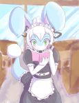  2019 4_fingers accessory anthro apron blue_fur breasts clothed clothing digital_media_(artwork) female fingers flopsy_(unknownlifeform) fully_clothed fur green_eyes hair_accessory hair_bow hair_ribbon hi_res inside long_ears long_tail maid_uniform notebook ribbons solo uniform unknownlifeform 