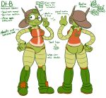  2019 5_fingers amphibian android anthro backwards_baseball_cap baseball_cap bottomless breasts butt character_name clothed clothing digital_media_(artwork) dt-b english_text featureless_crotch felino female fingers frill_(anatomy) frog gesture hat headgear headwear hi_res information machine model_sheet neck_frill non-mammal_breasts open_mouth robot screen shirt simple_background smile solo standing text topwear uniform v_sign white_background 