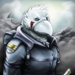  1:1 2019 anthro avian backpack beak bird blue_eyes cheek_tuft clothed clothing cloud corrsk corrsk_(character) corvid corvus_(genus) detailed_background digital_media_(artwork) facial_markings feathers head_markings head_tuft hi_res jacket looking_at_viewer male markings melee_weapon military mountain neck_tuft outside raven red_markings sky solo sword topwear tuft uniform weapon white_feathers 