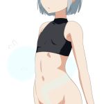  1girl bare_arms bare_shoulders black_shirt cato_(monocatienus) commentary_request crop_top flat_chest groin head_out_of_frame hitodama konpaku_youmu konpaku_youmu_(ghost) navel out-of-frame_censoring parted_lips shirt short_hair sidelocks silver_hair simple_background sleeveless sleeveless_shirt solo stomach touhou upper_body white_background 