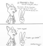  aureldrawsstuff black_and_white canid canine comic disney english_text female fox judy_hopps lagomorph leporid male mammal monochrome nick_wilde public_service_announcement rabbit sketch text zootopia 