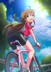  1girl :d absurdres ahoge asanaya ass bare_legs bicycle bike_jersey bike_shorts blue_eyes blush braid breasts brown_hair clothes_writing cloud cloudy_sky day fingerless_gloves from_behind gloves ground_vehicle guard_rail highres idolmaster idolmaster_million_live! kousaka_umi long_hair looking_at_viewer looking_back medium_breasts open_mouth outdoors riding round_teeth short_sleeves sky smile solo sunlight sweat teeth tree twin_braids upper_teeth white_gloves 