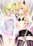  2girls angel angel_wings bikini black_bikini_top black_legwear black_skirt blonde_hair blue_eyes blush braid braided_ponytail breasts cameltoe carol_malus_dienheim closed_mouth collarbone demon_girl demon_horns demon_tail demon_wings elbow_gloves elfnein embarrassed eyebrows_visible_through_hair gloves hamaeru highres horns long_hair looking_at_viewer miniskirt multiple_girls navel navel_cutout open_mouth panties pantyshot pantyshot_(standing) pink_panties pink_skirt ponytail senki_zesshou_symphogear shiny shiny_clothes shiny_hair shiny_skin short_hair skirt small_breasts standing swimsuit tail thighhighs tongue underwear upskirt white_gloves wings 