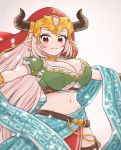  1girl aliza_(granblue_fantasy) breasts choker cleavage draph earrings granblue_fantasy horns jewelry large_breasts long_hair midriff navel outstretched_arms pointy_ears red_eyes smile veil 
