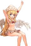  1girl :d arm_behind_head armpits arms_up bangs bare_legs bikini bikini_skirt blonde_hair blue_eyes blush breasts commentary_request eyebrows_visible_through_hair feathered_wings feet_out_of_frame highres invisible_chair lily_white long_hair looking_at_viewer navel open_mouth simple_background sitting small_breasts smile solo stomach swimsuit thumbs_up touhou very_long_hair white_background white_bikini white_headwear white_wings wings yanyan_(shinken_gomi) 