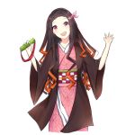  1girl :d bamboo bit_gag black_hair brown_hair checkered claw_pose cropped_torso fang gag hair_ribbon hands_up head_tilt holding japanese_clothes kamado_nezuko kimetsu_no_yaiba kimono long_hair long_sleeves looking_at_viewer multicolored_hair obi open_clothes open_mouth pink_kimono pink_ribbon red_eyes ribbon rocm_(nkkf3785) sash simple_background smile solo standing two-tone_hair upper_body very_long_hair white_background wide_sleeves 