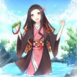  1girl :d bamboo bit_gag black_hair blue_sky brown_hair checkered claw_pose cloud commentary day fang gag hair_ribbon hands_up head_tilt holding japanese_clothes kamado_nezuko kimetsu_no_yaiba kimono long_hair long_sleeves looking_at_viewer multicolored_hair obi open_clothes open_mouth outdoors pink_kimono pink_ribbon red_eyes ribbon rocm_(nkkf3785) sash sky smile solo standing twitter_username two-tone_hair upper_body very_long_hair wading water wide_sleeves 