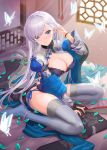  1girl alternate_costume azur_lane belfast_(azur_lane) belfast_(iridescent_rose)_(azur_lane) blue_eyes blush braid breasts bug butterfly chain china_dress chinese_clothes collar day dress earrings eyebrows_visible_through_hair fan folding_fan hand_up highres indoors insect jewelry large_breasts long_hair looking_at_viewer nanam_(nanam_sk) panties side-tie_panties silver_hair sitting smile solo thighhighs underwear white_legwear window yokozuwari 