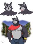  2019 adastra amicus_(adastra) anthro architecture biceps black_fur blue_eyes body_hair bottomwear bulge canid canine canis cape claws clothing countershading eyes_closed fangs fur grey_fur happy happy_trail hi_res looking_at_viewer male mammal multicolored_fur musclegut muscular muscular_male nipples outside pants pecs piercing royalty seandemon smile solo two_tone_fur vines wolf 