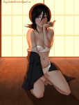  1girl black_hair bleach bra breasts kneeling kuchiki_rukia long_hair looking_at_viewer medium_breasts navel panties purple_eyes rebecca_rains shadow solo strap_slip underwear 