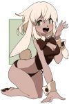 2017 5_fingers :d absurd_res anthro black_bow black_clothing black_panties black_underwear blonde_hair blush bow bow_tie breasts bunny_costume cleavage clothed clothing costume eyebrows eyelashes female fingers green_eyes hair hi_res kemono lagomorph leporid looking_at_viewer mammal navel open_mouth panties rabbit shirt_collar shirt_cuffs short_hair simple_background solo ssangbong-llama teeth tongue underwear 