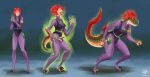  2018 anthro breasts claws clothing dinosaur dromaeosaurid female hair human human_to_anthro mammal nipple_outline open_mouth purple_eyes red_hair regina_(dino_crisis) reptile scalie sequence short_hair solo species_transformation standing tail_growth theropod tight_clothing transformation velociraptor witchfiend yellow_eyes 