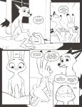  anthro black_and_white blush bodily_fluids butt canid canine comic disney duo female fox hi_res judy_hopps lagomorph leporid male male/female mammal mistermead monochrome nick_wilde nude penis rabbit speech_bubble sweat text zootopia 