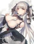  1girl absurdres azur_lane bangs bare_shoulders between_breasts black_dress blush breasts cleavage cruel_gz dress earrings eyebrows_visible_through_hair formidable_(azur_lane) frilled_dress frills grey_hair hair_ornament hair_ribbon hand_up head_tilt highres jewelry large_breasts long_hair long_sleeves looking_at_viewer parted_lips red_eyes ribbon simple_background solo twintails white_background 