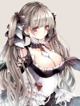  1girl azur_lane bangs bare_shoulders between_breasts black_dress blush breasts cleavage dress earrings eyebrows_visible_through_hair flight_deck formidable_(azur_lane) frilled_dress frills grey_hair hair_ornament hair_ribbon highres hinahino jewelry large_breasts long_hair long_sleeves looking_at_viewer red_eyes ribbon rigging simple_background solo twintails 