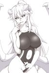  2018 5_fingers animal_humanoid big_breasts black_sclera breasts clothed clothing collarbone demon eyebrows eyelashes female fingers hair humanoid humanoid_pointy_ears lilim_(monster_girl_encyclopedia) long_hair looking_at_viewer mammal maritan membrane_(anatomy) membranous_wings monochrome monster_girl_(genre) monster_girl_encyclopedia navel side_boob simple_background smile solo swimwear teeth thick_thighs wings 