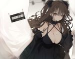 bow breasts brown_eyes brown_hair choker cleavage cropped gothic long_hair naruwe original signed twintails 